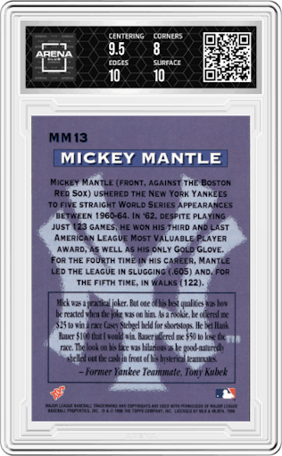 Mickey Mantle from the 1996 Topps Stadium Club set featuring a Members Only parallel graded by Arena Club and given an overall grade of 8.5.