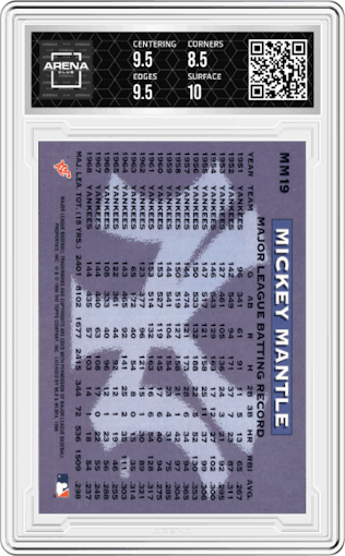 Mickey Mantle from the 1996 Topps Stadium Club set featuring a Members Only parallel graded by Arena Club and given an overall grade of 9.