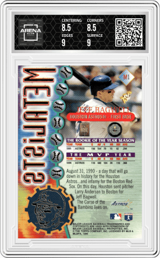 Jeff Bagwell from the 1996 Topps Stadium Club set graded by Arena Club and given an overall grade of 9.