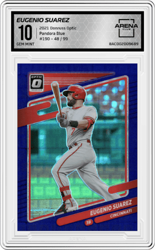 Eugenio Suarez from the 2021 Panini Donruss Optic set featuring a Pandora Blue parallel graded by Arena Club and given an overall grade of 10.