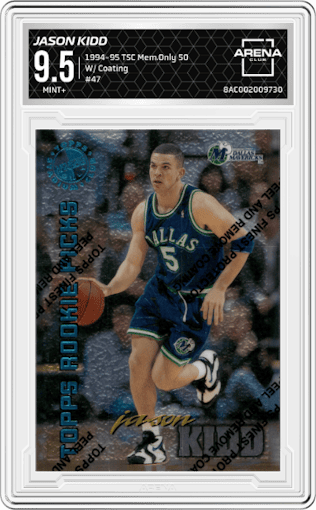 Jason Kidd from the 1994-95 Stadium Club Members Only 50 set featuring a W/ Coating parallel graded by Arena Club and given an overall grade of 9.5.