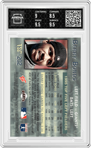 Barry Bonds from the 1996 Stadium Club set featuring a Members Only parallel graded by Arena Club and given an overall grade of 9.