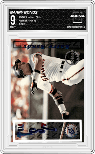 Barry Bonds from the 1996 Stadium Club set featuring a Members Only parallel graded by Arena Club and given an overall grade of 9.