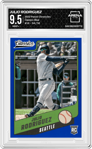 Julio Rodriguez from the 2022 Panini Chronicles set featuring a Blue parallel graded by Arena Club and given an overall grade of 9.5.