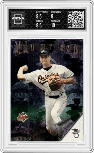 Barry Larkin/Cal Ripken Jr. from the 1996 Topps Stadium Club set featuring a Members Only parallel graded by Arena Club and given an overall grade of 9.