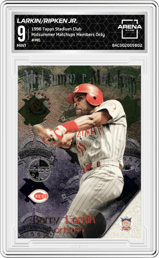 Barry Larkin/Cal Ripken Jr. from the 1996 Topps Stadium Club set featuring a Members Only parallel graded by Arena Club and given an overall grade of 9.