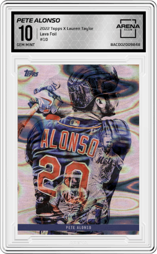 Pete Alonso from the 2022 Topps X Lauren Taylor set featuring a Lava Foil parallel graded by Arena Club and given an overall grade of 10.