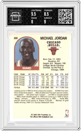 Michael Jordan  from the 1989-90 NBA Hoops  set graded by Arena Club and given an overall grade of 8.5.