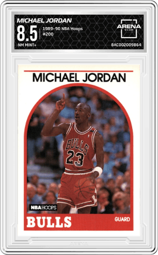 Michael Jordan  from the 1989-90 NBA Hoops  set graded by Arena Club and given an overall grade of 8.5.