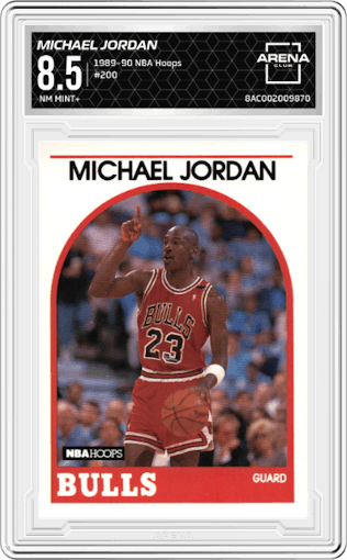 Michael Jordan  from the 1989-90 NBA Hoops  set graded by Arena Club and given an overall grade of 8.5.
