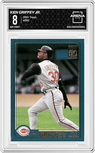 Ken Griffey Jr. from the 2001 Topps set graded by Arena Club and given an overall grade of 8.