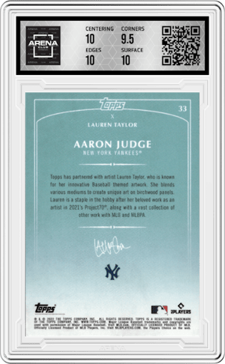 Aaron Judge from the 2022 Topps X Lauren Taylor set graded by Arena Club and given an overall grade of 10.