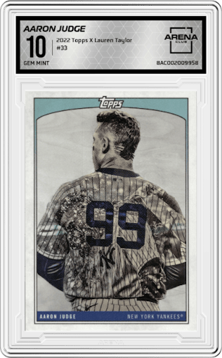 Aaron Judge from the 2022 Topps X Lauren Taylor set graded by Arena Club and given an overall grade of 10.