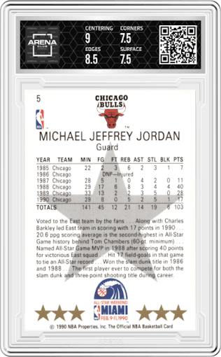 Michael Jordan from the 1990-91 NBA Hoops set graded by Arena Club and given an overall grade of 8.