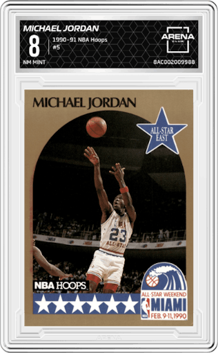 Michael Jordan from the 1990-91 NBA Hoops set graded by Arena Club and given an overall grade of 8.