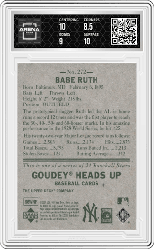 Babe Ruth from the 2007 Upper Deck Goudey set graded by Arena Club and given an overall grade of 9.