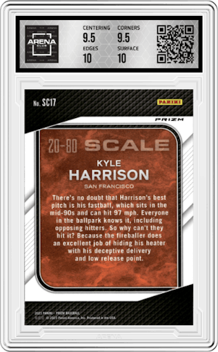 Kyle Harrison from the 2023 Panini Prizm set featuring a Silver parallel graded by Arena Club and given an overall grade of 10.