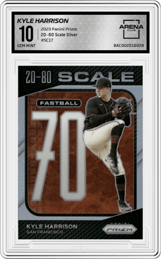Kyle Harrison from the 2023 Panini Prizm set featuring a Silver parallel graded by Arena Club and given an overall grade of 10.