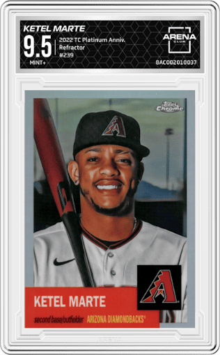 Ketel Marte from the 2022 Topps Chrome Platinum Anniversary set featuring a Refractor parallel graded by Arena Club and given an overall grade of 9.5.