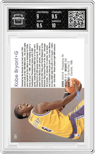 Kobe Bryant from the 1996-97 NBA Hoops set graded by Arena Club and given an overall grade of 9.5.