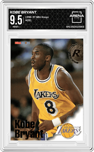Kobe Bryant from the 1996-97 NBA Hoops set graded by Arena Club and given an overall grade of 9.5.