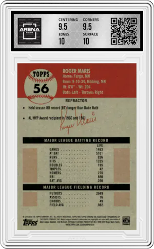 Roger Maris from the 2022 Topps Chrome Platinum Anniversary set featuring a Refractor parallel graded by Arena Club and given an overall grade of 10.