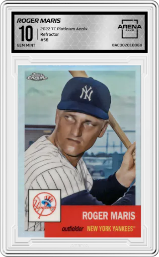 Roger Maris from the 2022 Topps Chrome Platinum Anniversary set featuring a Refractor parallel graded by Arena Club and given an overall grade of 10.