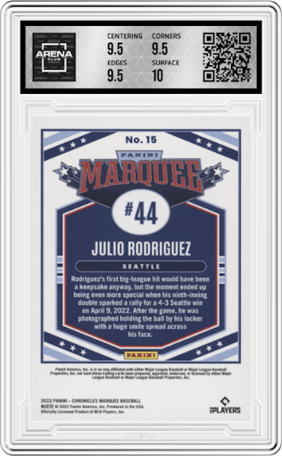 Julio Rodriguez from the 2022 Panini Chronicles set graded by Arena Club and given an overall grade of 10.