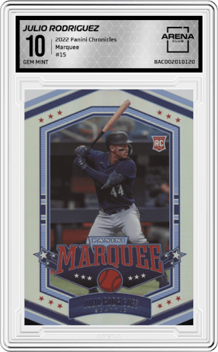Julio Rodriguez from the 2022 Panini Chronicles set graded by Arena Club and given an overall grade of 10.