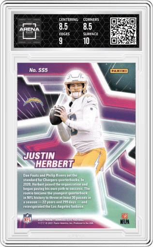Justin Herbert from the 2021 Panini Donruss Elite set featuring a Green parallel graded by Arena Club and given an overall grade of 9.