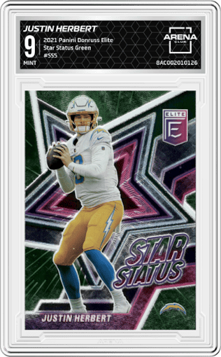 Justin Herbert from the 2021 Panini Donruss Elite set featuring a Green parallel graded by Arena Club and given an overall grade of 9.