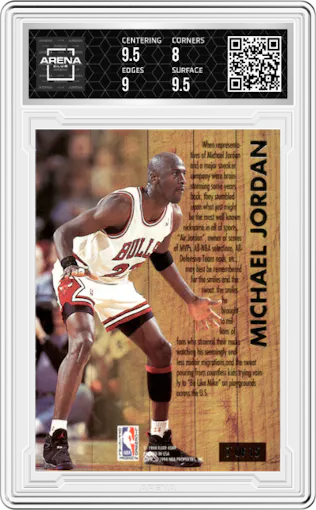 Michael Jordan from the 1993-94 Fleer Ultra set graded by Arena Club and given an overall grade of 8.5.