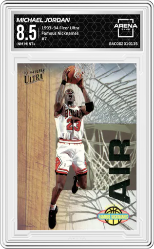 Michael Jordan from the 1993-94 Fleer Ultra set graded by Arena Club and given an overall grade of 8.5.