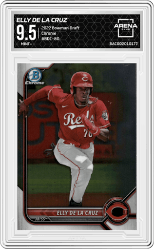 Elly De La Cruz from the 2022 Bowman Draft set graded by Arena Club and given an overall grade of 9.5.