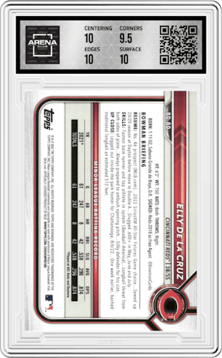 Elly De La Cruz from the 2022 Bowman Draft set graded by Arena Club and given an overall grade of 10.