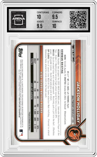 Jackson Holliday from the 2022 Bowman Draft set graded by Arena Club and given an overall grade of 10.