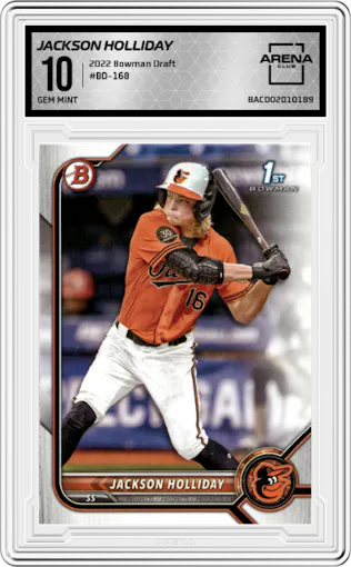 Jackson Holliday from the 2022 Bowman Draft set graded by Arena Club and given an overall grade of 10.