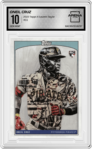 Oneil Cruz from the 2022 Topps X Lauren Taylor set graded by Arena Club and given an overall grade of 10.