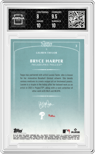 Bryce Harper from the 2022 Topps X Lauren Taylor set graded by Arena Club and given an overall grade of 8.5.