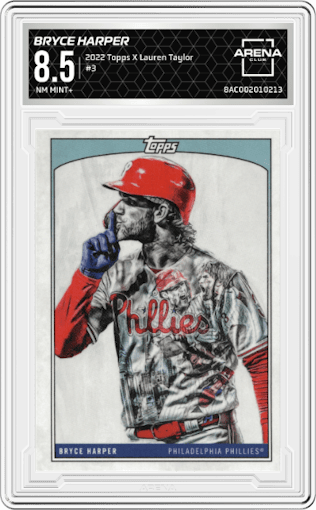 Bryce Harper from the 2022 Topps X Lauren Taylor set graded by Arena Club and given an overall grade of 8.5.