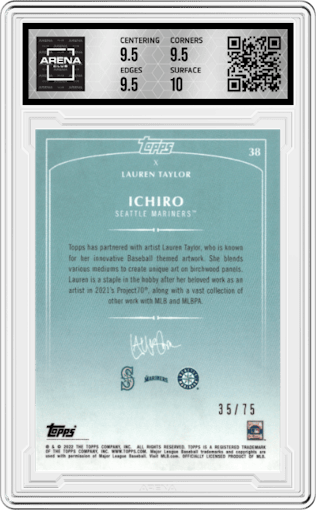 Ichiro from the 2022 Topps X Lauren Taylor set featuring a Green Rainbow Foil parallel graded by Arena Club and given an overall grade of 10.