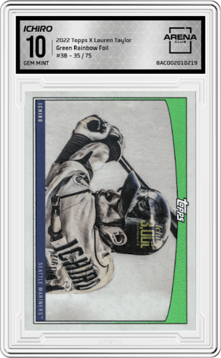 Ichiro from the 2022 Topps X Lauren Taylor set featuring a Green Rainbow Foil parallel graded by Arena Club and given an overall grade of 10.