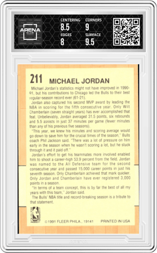 Michael Jordan from the 1991-92 Fleer set graded by Arena Club and given an overall grade of 8.5.