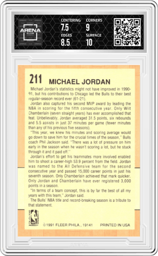 Michael Jordan from the 1991-92 Fleer set graded by Arena Club and given an overall grade of 8.