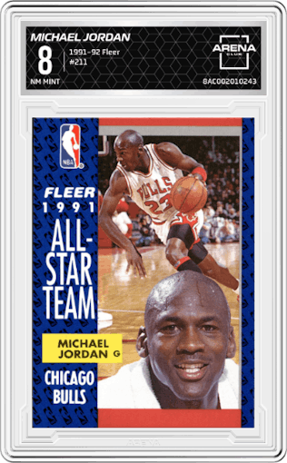 Michael Jordan from the 1991-92 Fleer set graded by Arena Club and given an overall grade of 8.