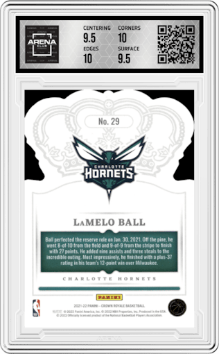 LaMelo Ball from the 2021-22 Crown Royale set featuring a Asia Red parallel graded by Arena Club and given an overall grade of 10.