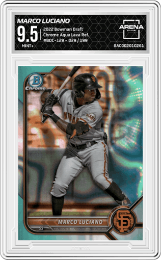 Marco Luciano from the 2022 Bowman Draft set featuring a Aqua Lava Refractor parallel graded by Arena Club and given an overall grade of 9.5.