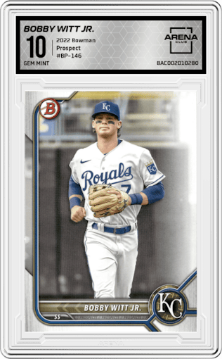 Bobby Witt Jr. from the 2022 Bowman set graded by Arena Club and given an overall grade of 10.