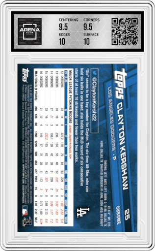 Clayton Kershaw from the 2017 Topps Chrome set featuring a Negative Refractor parallel graded by Arena Club and given an overall grade of 10.