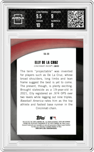 Elly De La Cruz from the 2022 Bowman Chrome set graded by Arena Club and given an overall grade of 9.5.